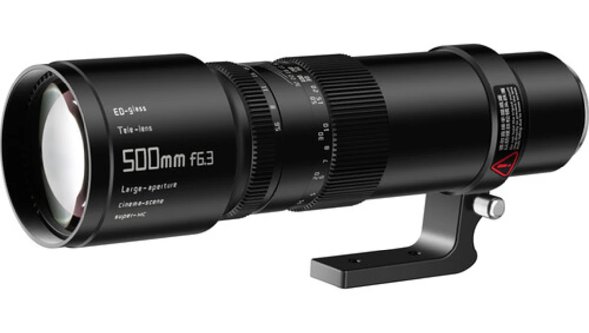 Black telephoto lens with 500mm focal length and f/6.3 aperture rating mounted on tripod collar.