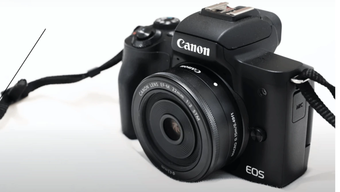 Canon EOS M50 Mark II mirrorless camera with attached 15-45mm kit lens against white background.