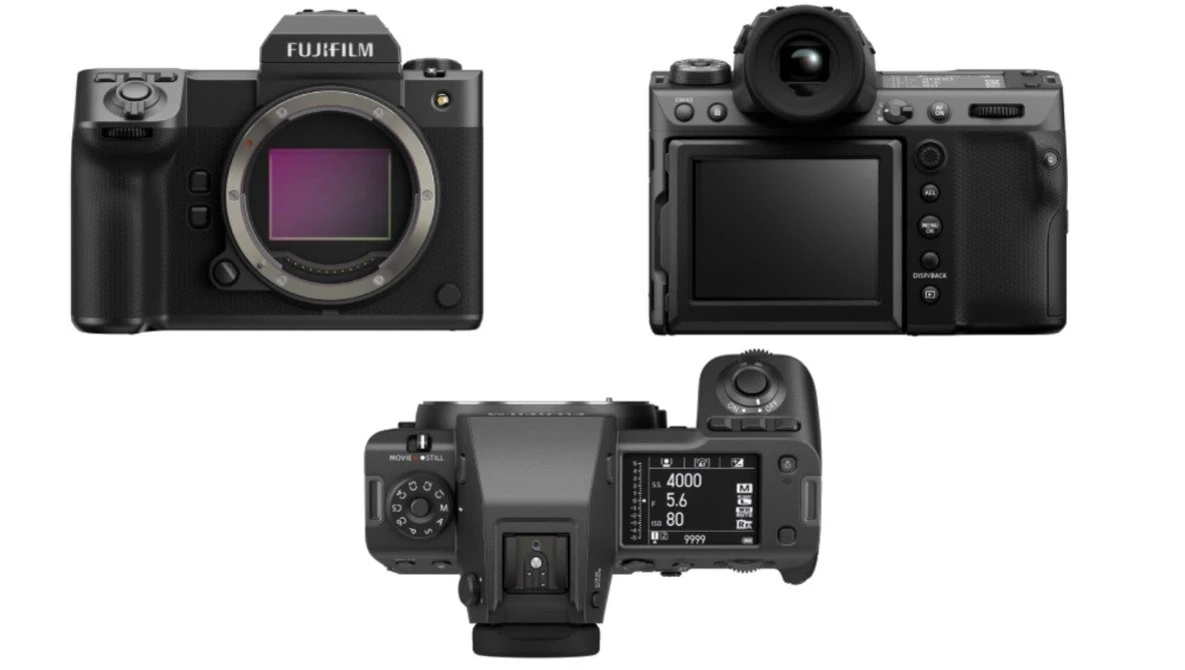 Three views of a Fujifilm GFX mirrorless camera showing front, rear, and top angles.