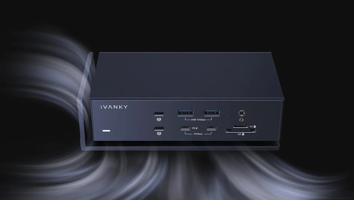 Product shot of the Ivanky control box with swirling light trails against a dark background.