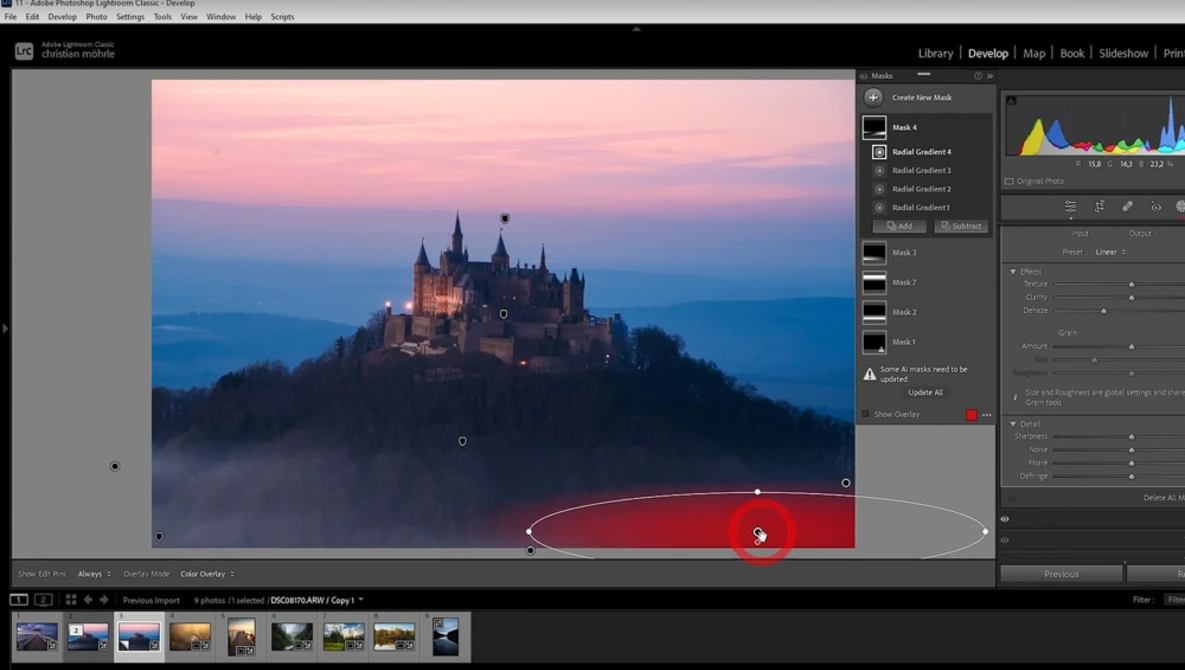 Screenshot of photo editing software showing a castle on a hilltop at sunset with adjustment layers and gradient mask visible.