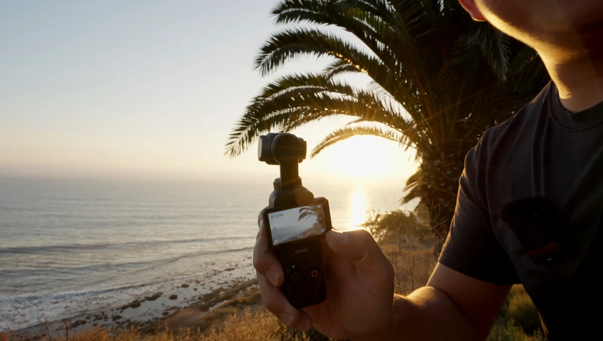 Filmmaker holding a gimbal-mounted camera against a sunset ocean backdrop framed by palm trees.