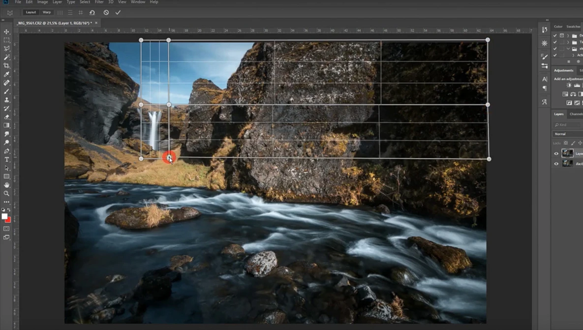 Screenshot of landscape photo editing in Adobe Photoshop with grid overlay tool active.
