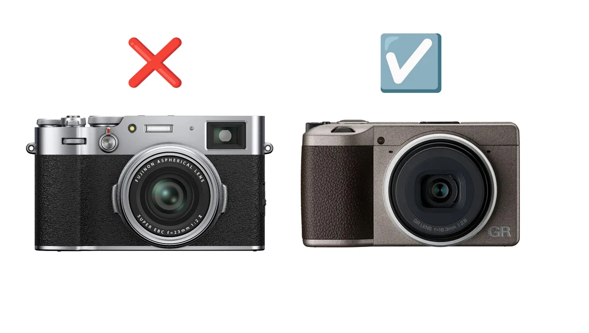 Comparison graphic showing two compact cameras with a red X marking the left camera and a blue checkmark marking the right camera.