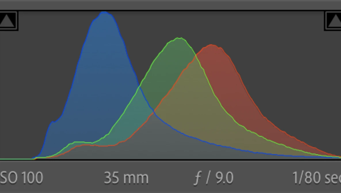 Histogram overlay showing three overlapping distribution curves in blue, green, and red against a dark background.