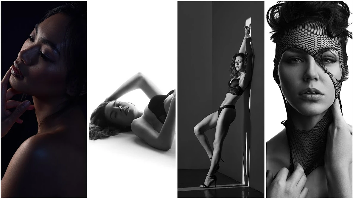 Four black and white portrait photographs showcasing dramatic lighting and posed figure studies.
