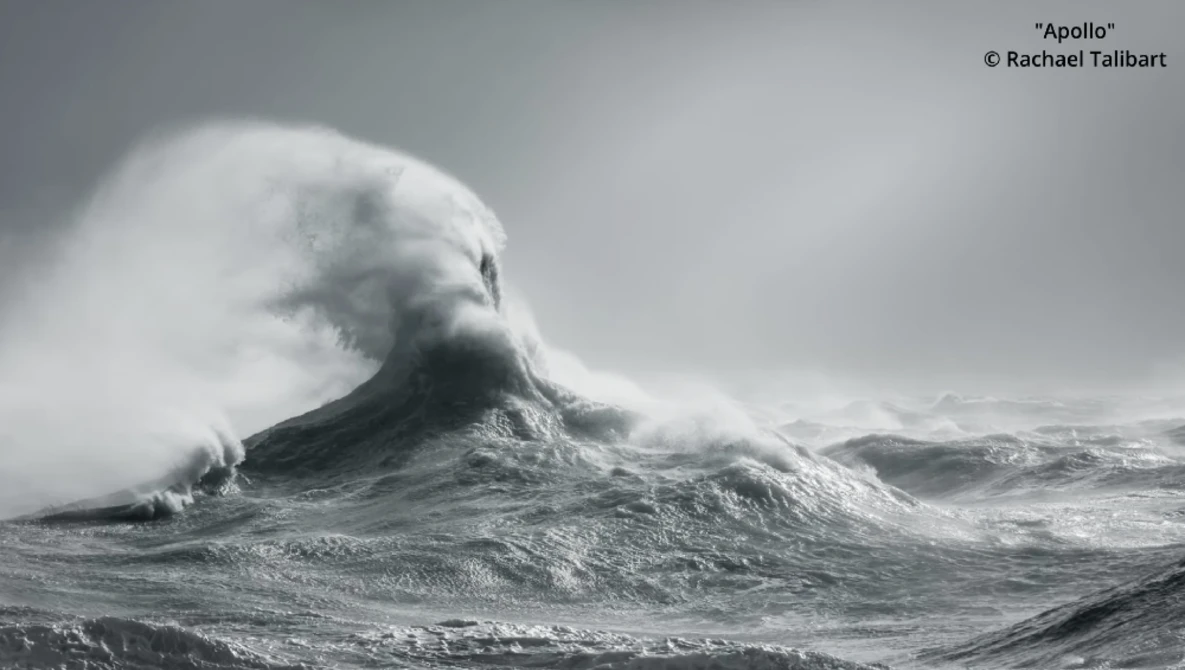 Massive ocean wave with dramatic spray and curl against a gray, overcast sky.