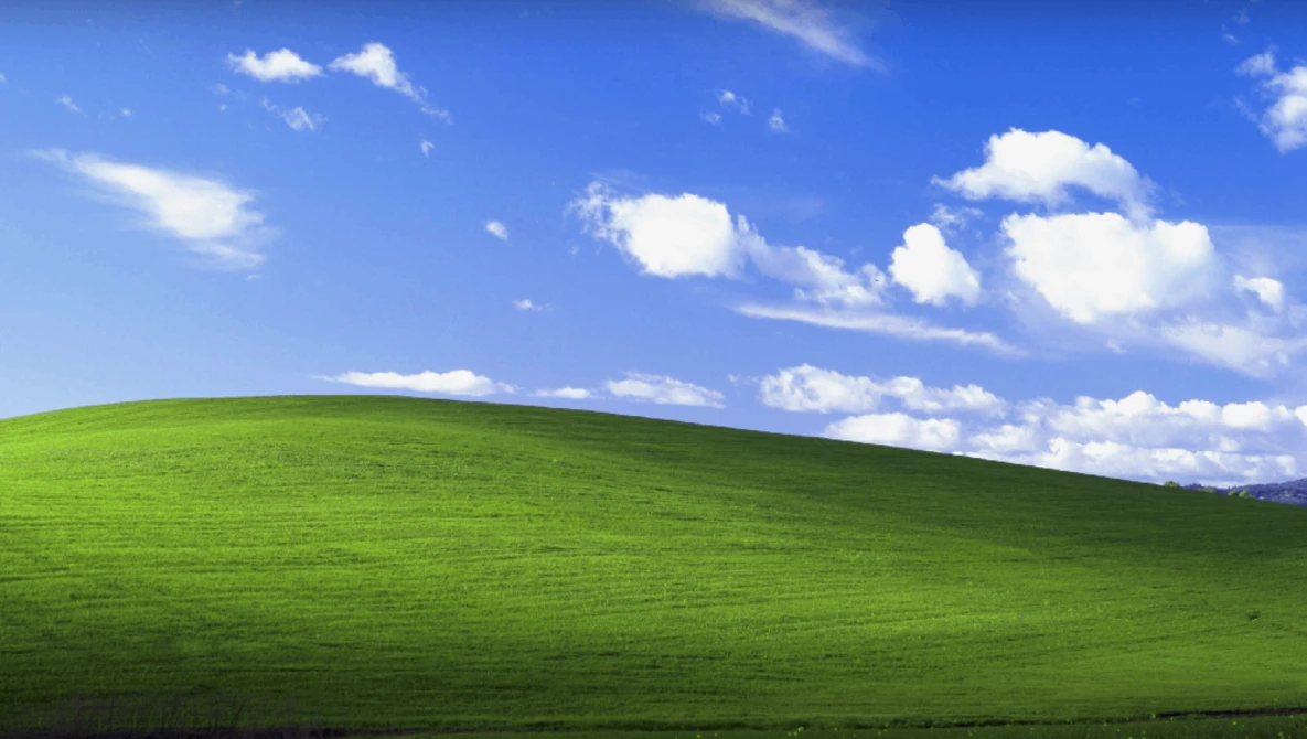 Rolling green hillside beneath blue sky with white cumulus clouds.