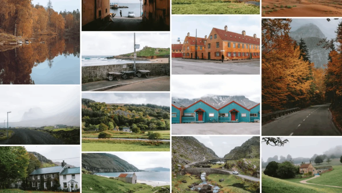 Grid of 16 landscape photographs showing rural scenery across various seasons and weather conditions.