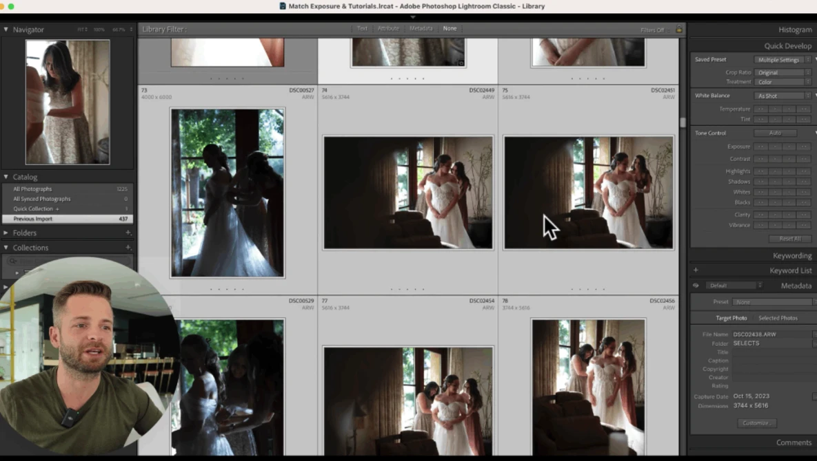 Screenshot of Adobe Lightroom showing wedding photography contact sheet with multiple images of a bride and groom.