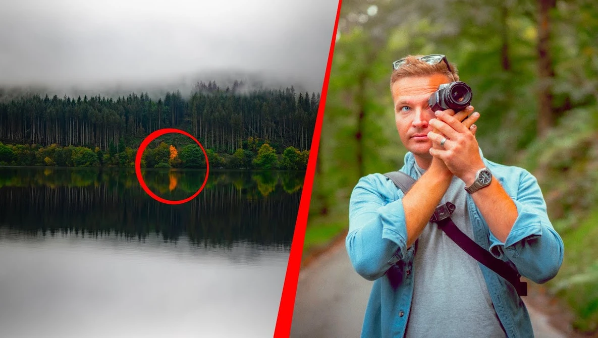Man in blue shirt holding binoculars with forest lake landscape circled in red on left side.
