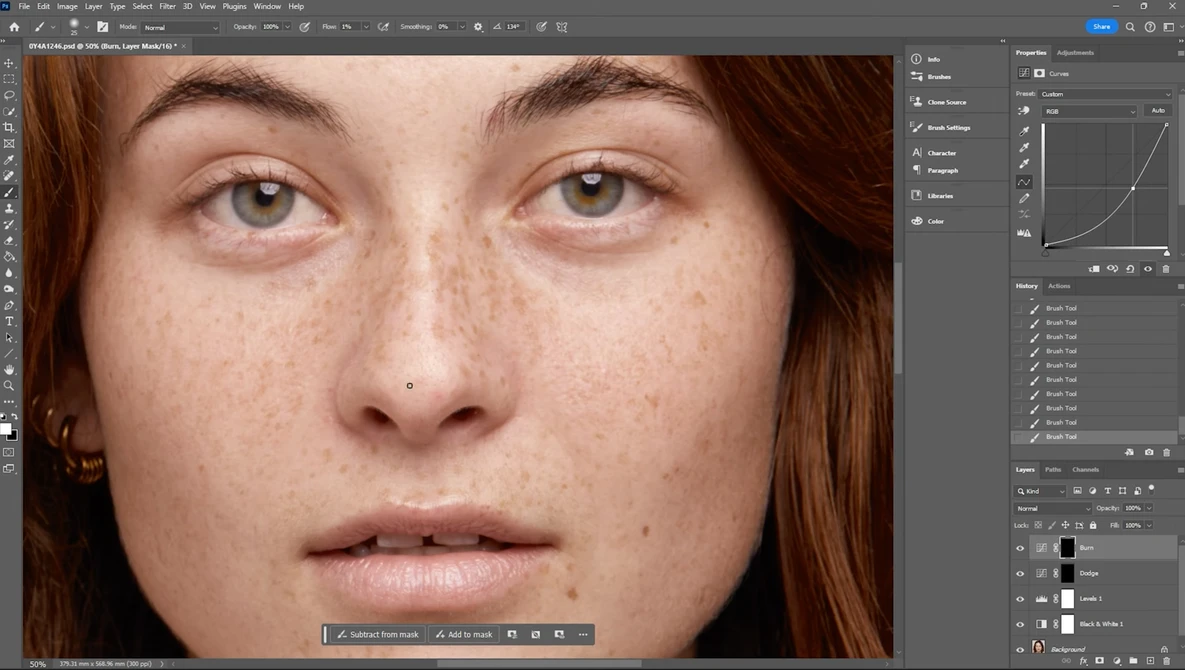 Screenshot of portrait retouching workflow in Photoshop with female subject displayed.