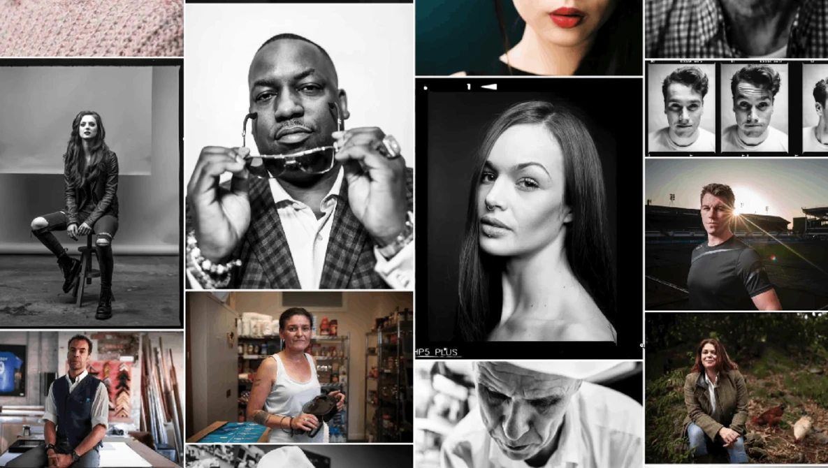 Grid of black and white and color portrait photographs showcasing diverse subjects and photographic styles.