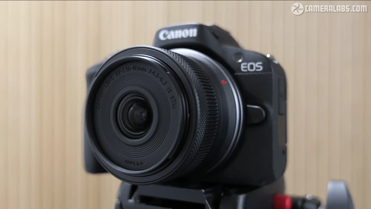 Canon EOS R50 mirrorless camera with RF 24mm f/4.5 macro lens mounted on tripod.