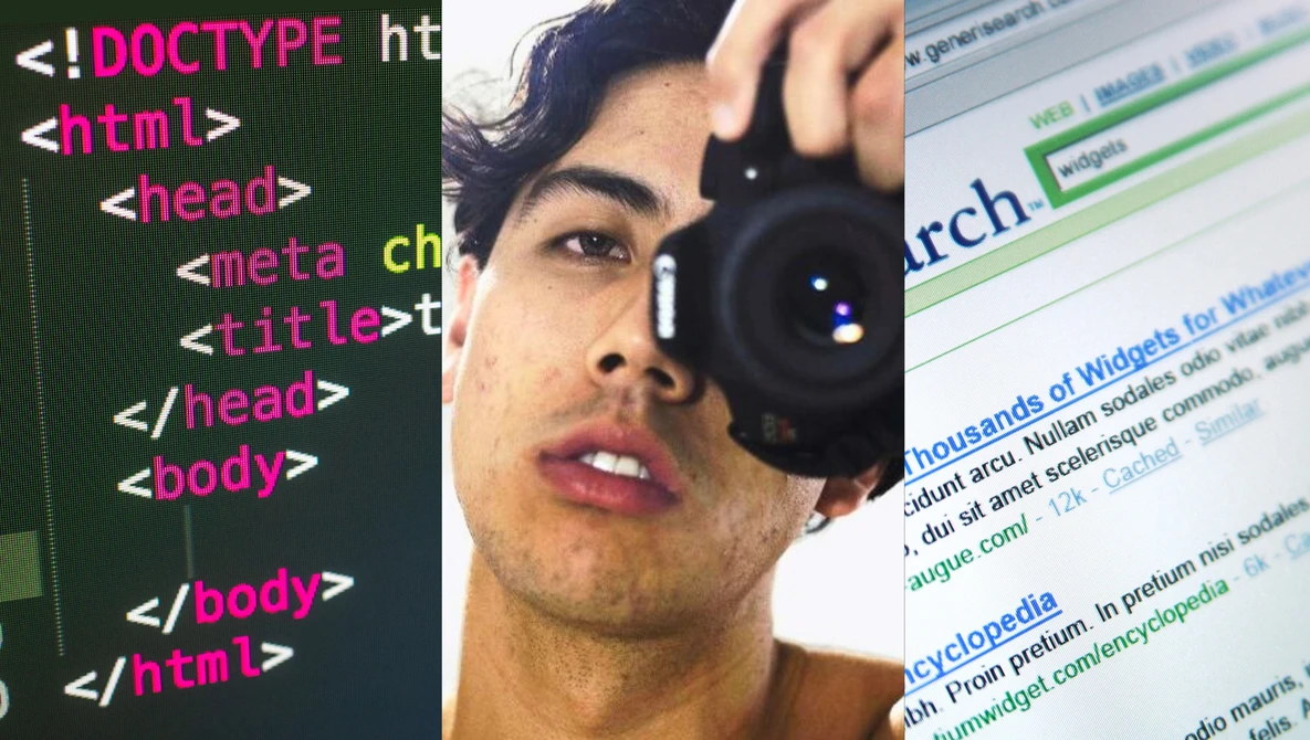Composite graphic showing HTML code, photographer holding camera, and website search results.