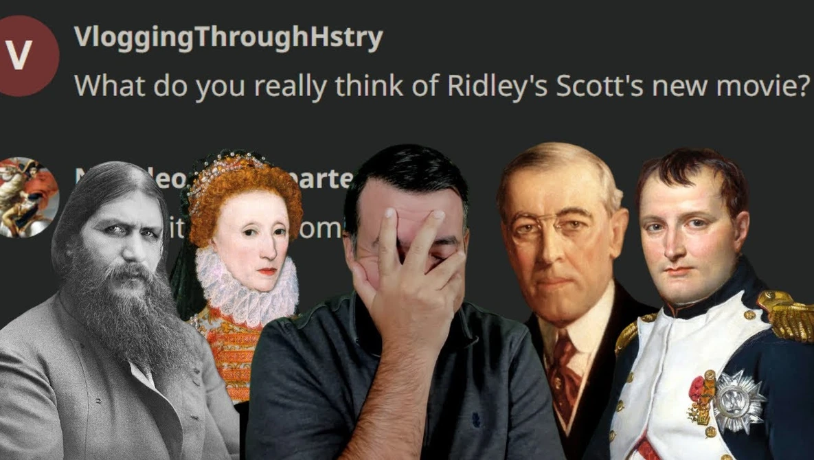 Screenshot of a social media post with five historical portrait photographs and a person's hand covering their face.