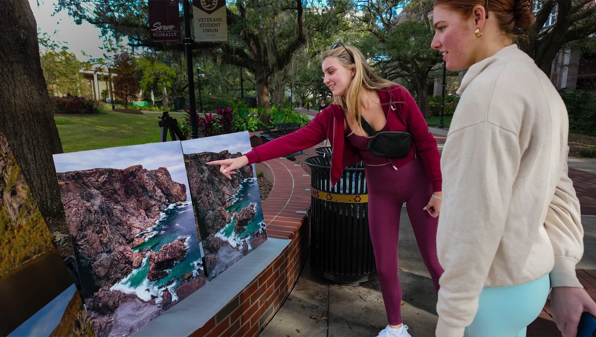Two women viewing a landscape photograph displayed outdoors on a brick wall in a park setting.