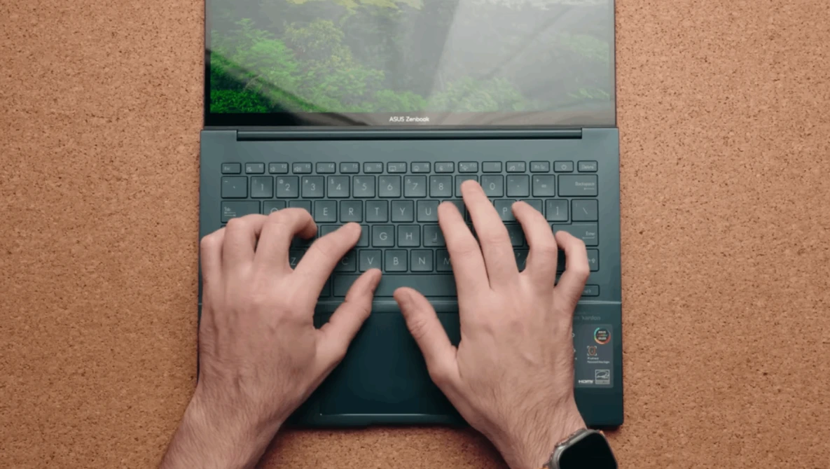 Overhead view of hands typing on a laptop keyboard with a nature scene displayed on the screen.