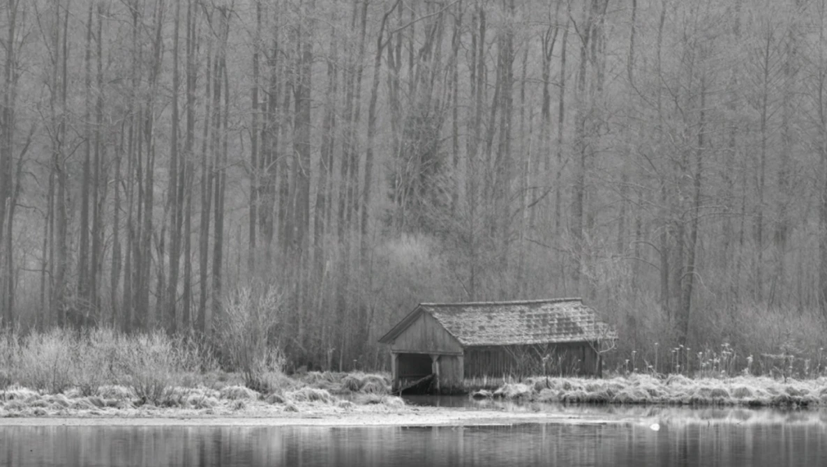 Small wooden boathouse on a misty riverbank surrounded by bare winter trees reflected in still water.