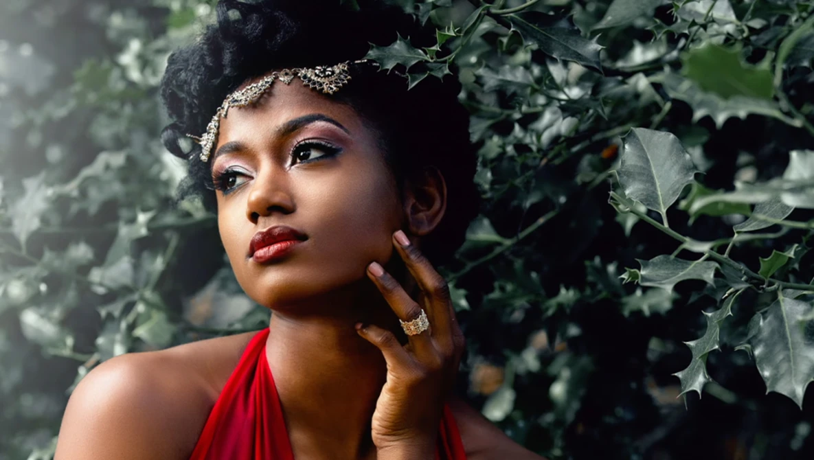 Woman with bold red lips and winged eyeliner posed against ivy-covered wall, touching her face thoughtfully.