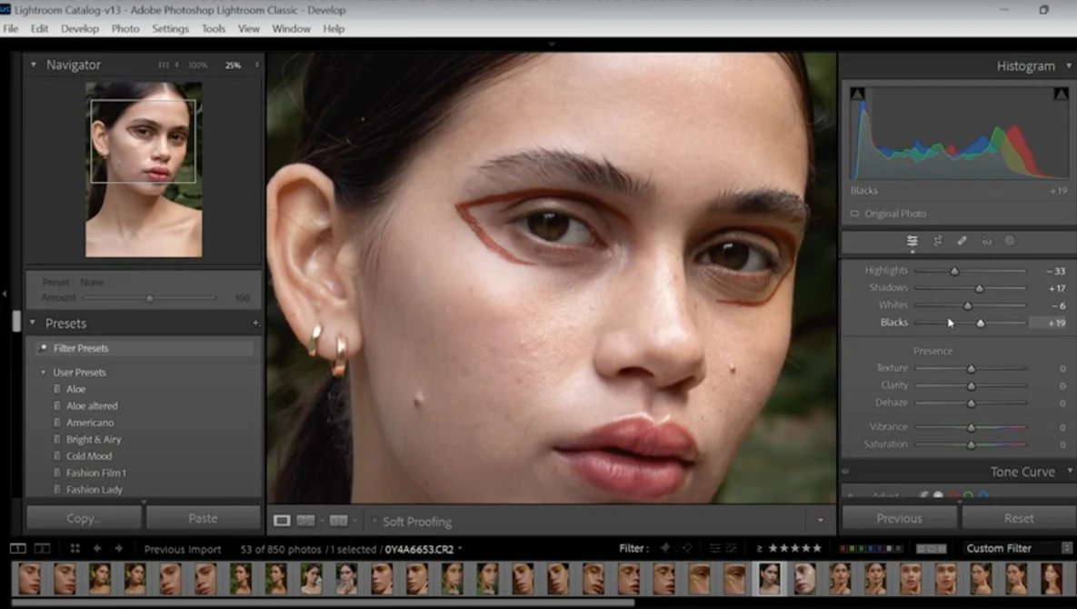 Screenshot of Adobe Lightroom Classic showing portrait retouching workflow with histogram and adjustment panels visible.