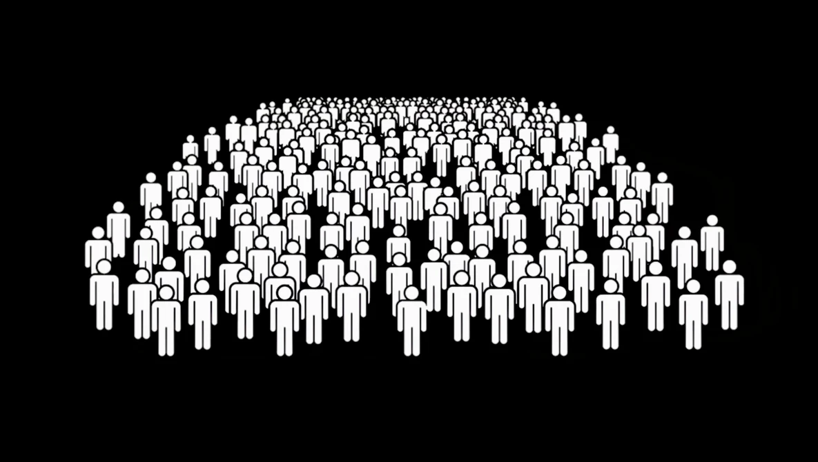 Illustration of a large crowd of white silhouetted figures arranged in a three-dimensional formation against a black background.