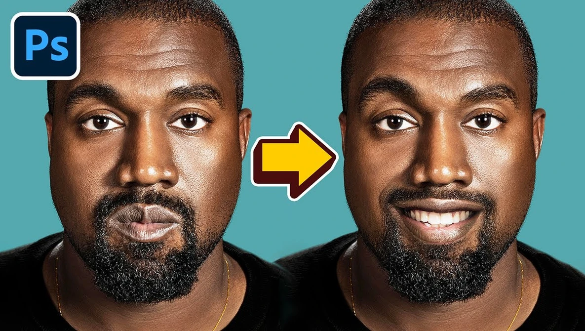 Before-and-after comparison showing portrait retouching in Photoshop with neutral expression transforming to smiling expression.