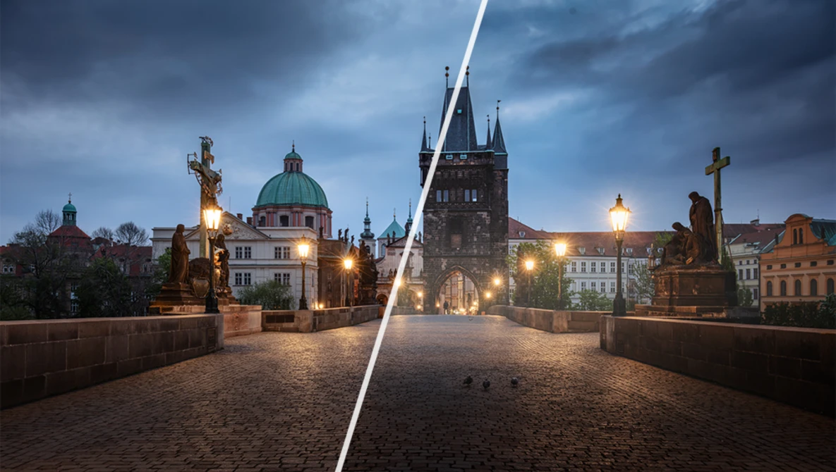 Charles Bridge in Prague during twilight, split-screen comparison showing left and right perspectives of the stone bridge with towers and statues.