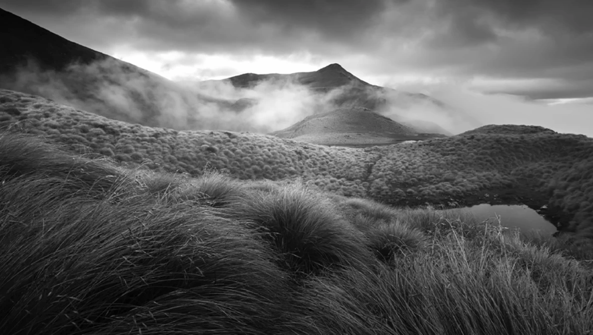 Windswept tussock grassland with mist-shrouded mountains under dramatic storm clouds.