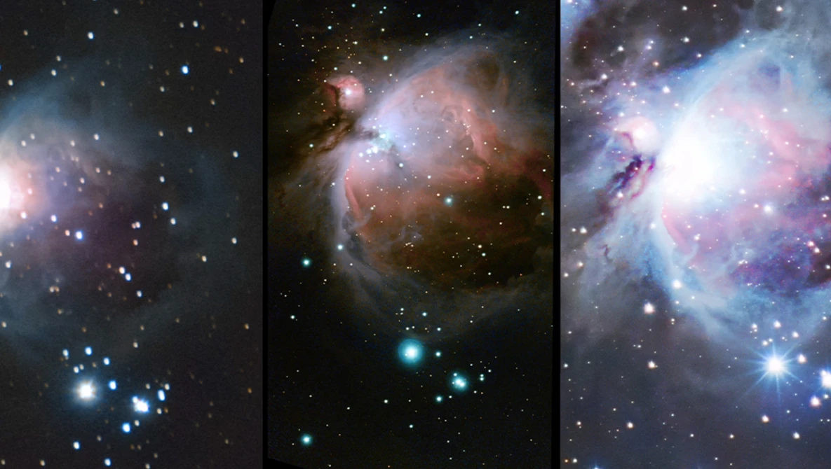 Three astronomical observatory images of nebulae and star-forming regions with bright central cores and diffuse gas clouds.