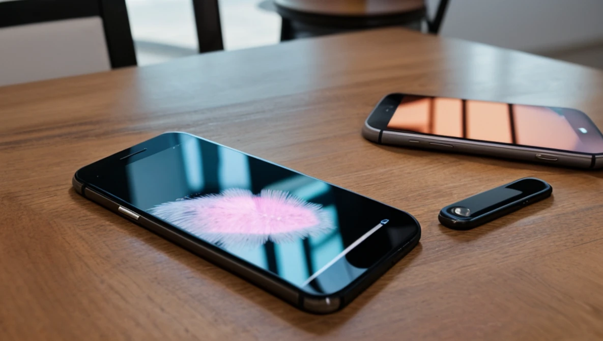 Three smartphones arranged on a wooden table displaying colorful gradient and blur effects on their screens.