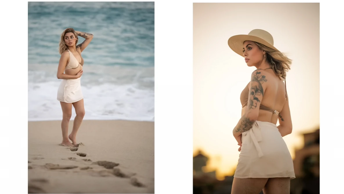 Two beach portrait photographs showing women in neutral-toned beachwear posing outdoors.