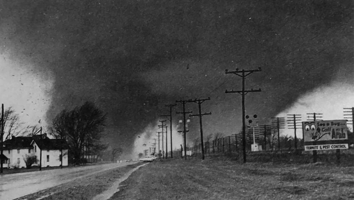 Multiple tornadoes touching down across a flat rural landscape with utility poles and farm buildings.