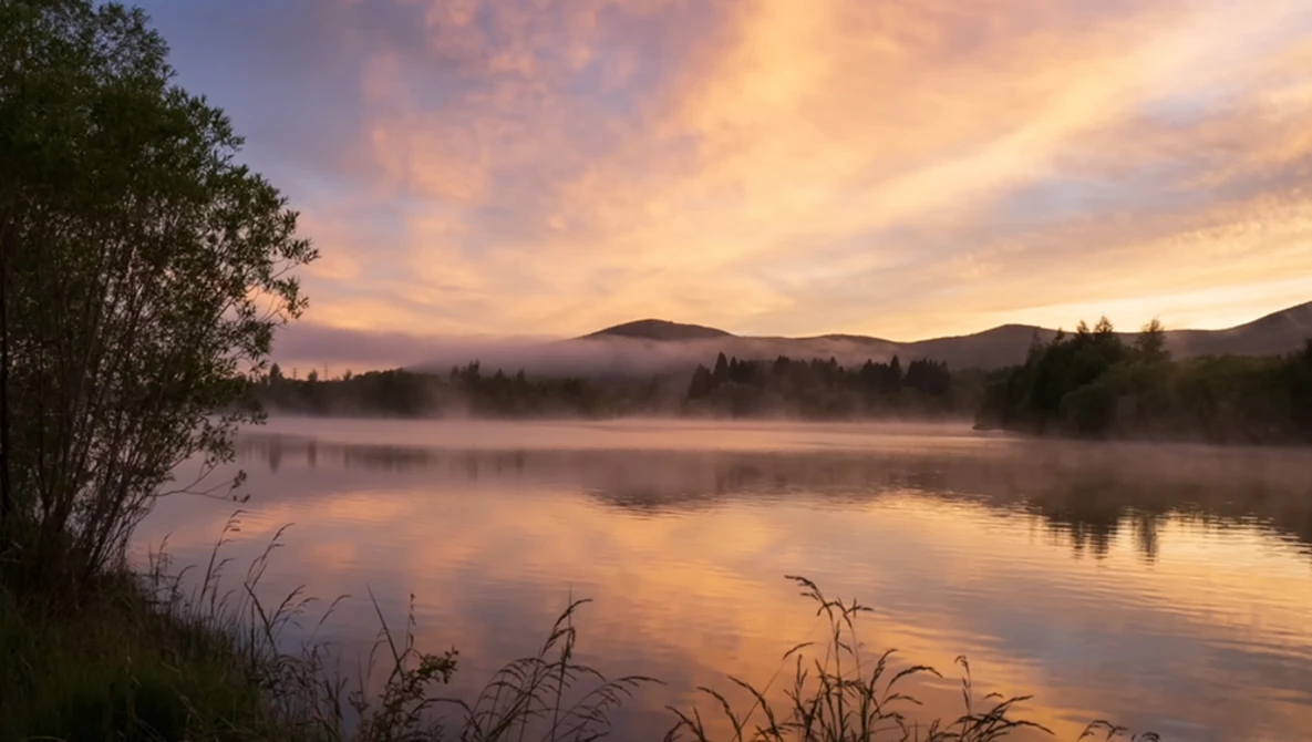 Misty lake at sunrise with forested mountains reflected in still water and vegetation in foreground.
