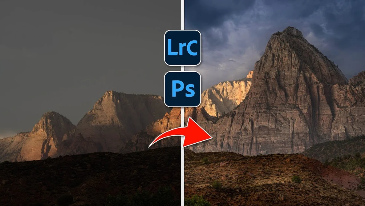 Screenshot showing Adobe Lightroom and Photoshop icons with a red arrow pointing between them over a desert mountain landscape.