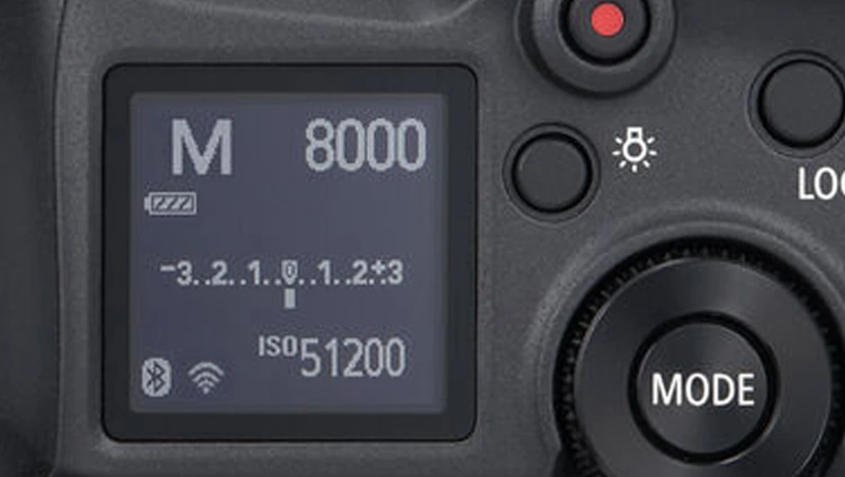 Screenshot of a mirrorless camera's rear LCD display showing M mode, ISO 51200, and various shooting parameters.