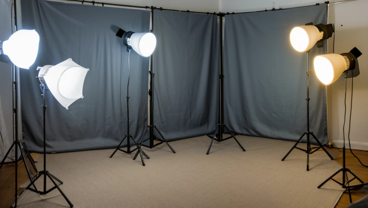 Professional photography studio setup with multiple studio lights on stands against a gray backdrop.