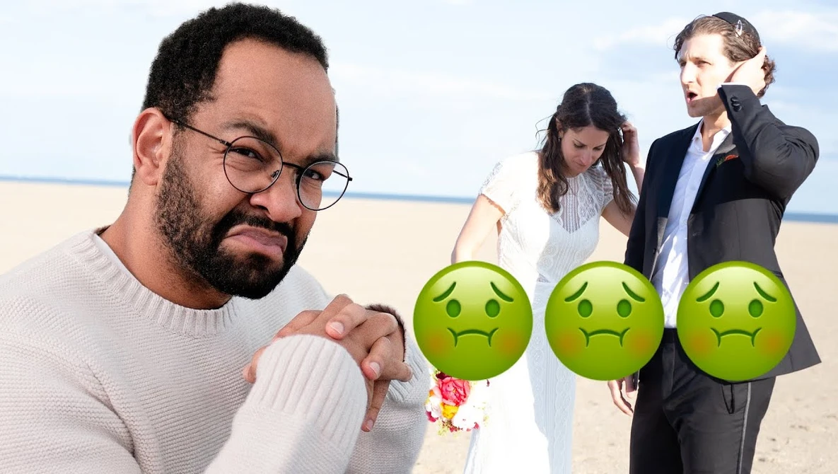 Man in glasses looking disappointed while three sad-face emojis cover a couple's faces on a beach.