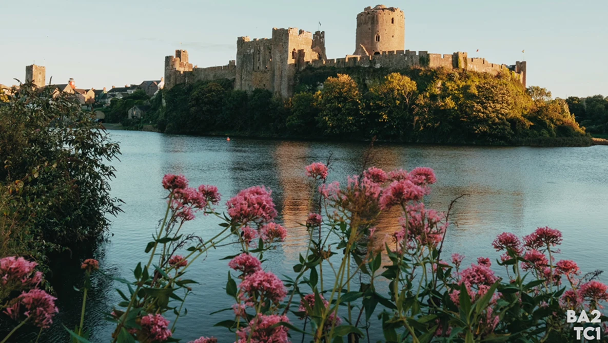 Medieval castle with multiple towers reflected in calm water, framed by pink flowering plants in foreground.