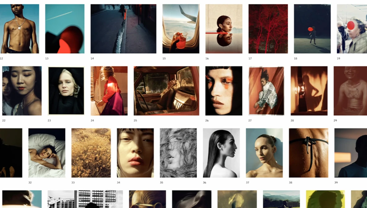 Grid layout of 40 portrait and figure photography samples showcasing diverse lighting, color grading, and compositional styles.