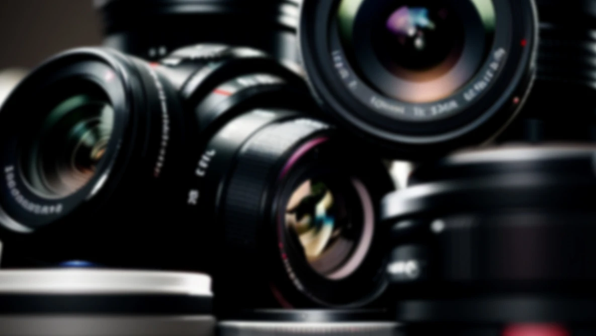 Collection of camera lenses arranged on a dark surface with selective focus and studio lighting.