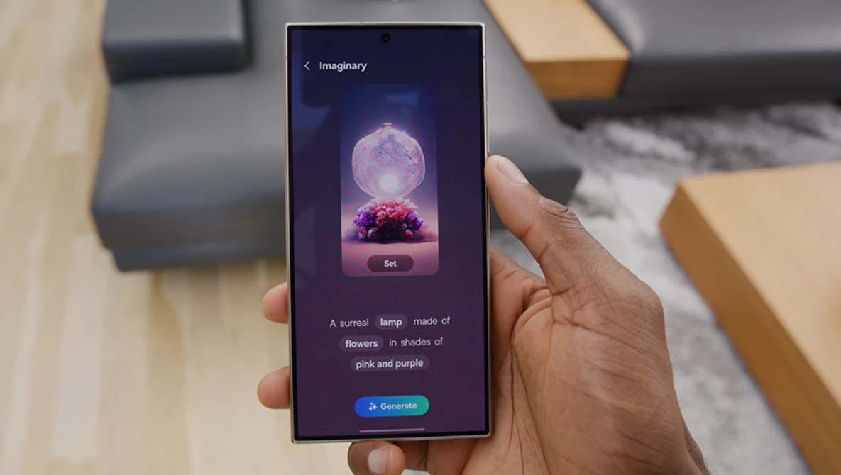 Screenshot of a mobile app interface displaying an AI image generation preview with a surreal purple-lit spherical object and flowers.