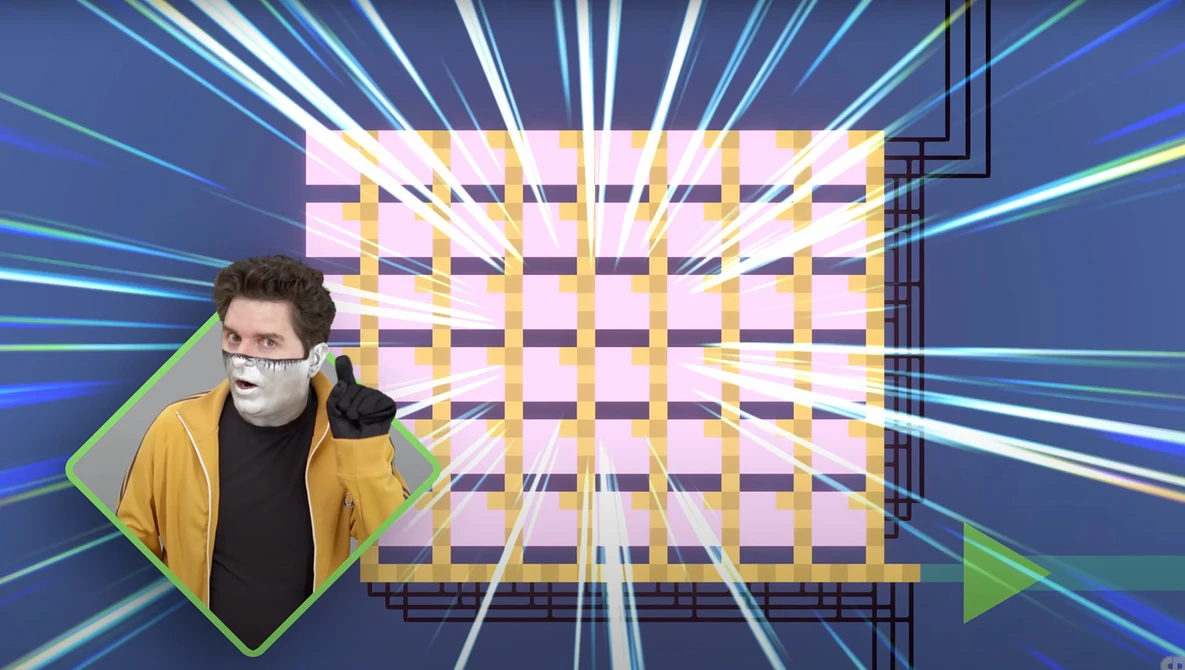 Person wearing a yellow jacket and face mask positioned next to a geometric grid pattern with purple and yellow squares on a blue background with radiating light lines.