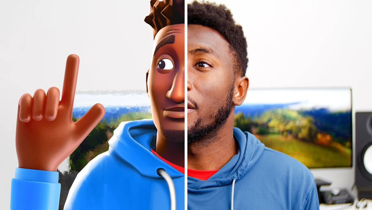 Split-screen composite showing an animated character face on the left and a man in a blue hoodie on the right.