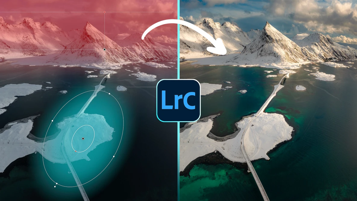 Screenshot showing before and after Lightroom Classic color grading of a snow-covered mountain landscape with turquoise water.