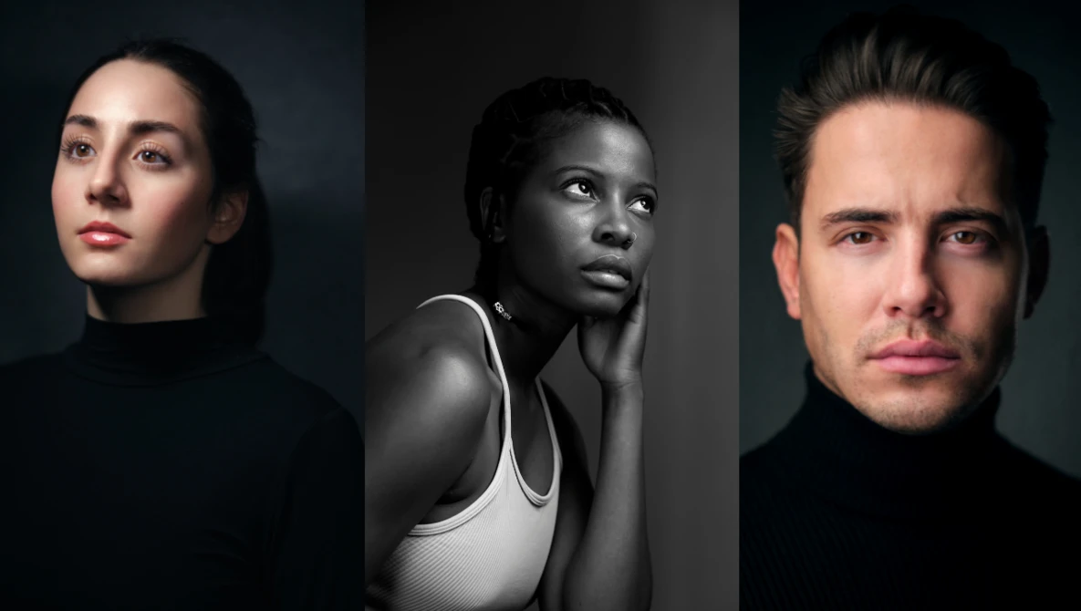 Three studio portrait headshots demonstrating professional lighting and composition techniques.