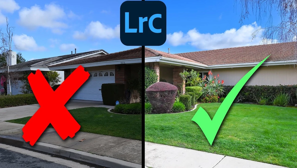 Before-and-after comparison showing landscape photography editing with Adobe Lightroom, marked with red X and green checkmark.