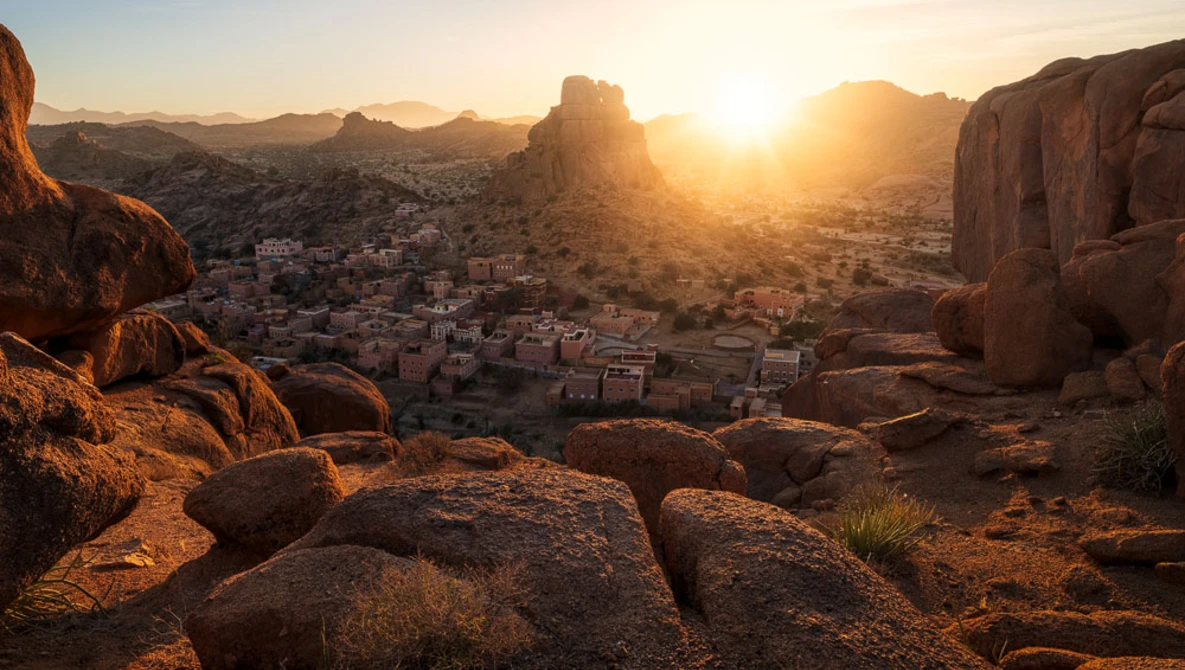 Desert town nestled among granite rock formations at golden hour sunset.