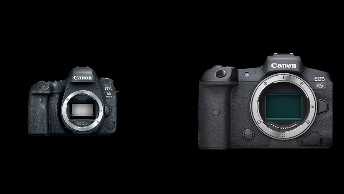 Canon EOS 6D Mark II and Canon EOS R5 mirrorless cameras displayed side by side against a black background.