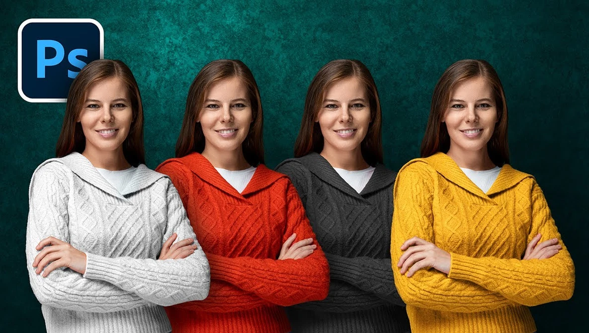 Four identical portraits of a woman in different colored cable-knit sweaters against a teal textured backdrop.